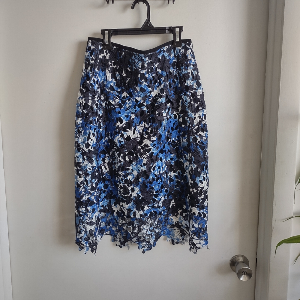 T Tahari Floral A-Line Skirt in Blue and Black